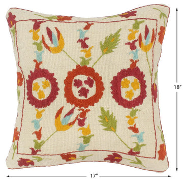 handmade  Pillow Beige Rust Hand-Woven SQUARE 100% Wool Suzani Throw Pillow
